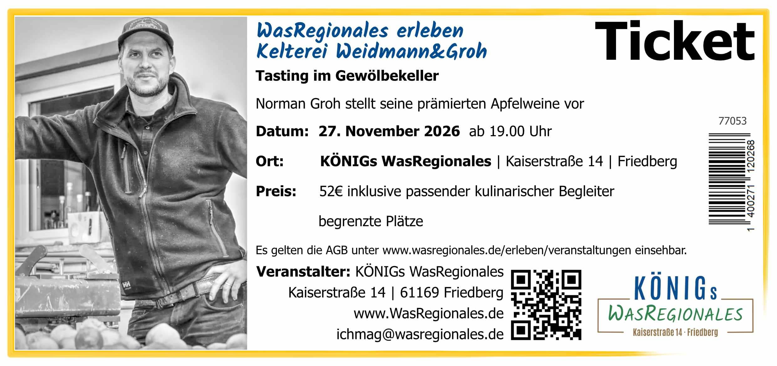 Apfelwein Tasting Kelterei&Brennerei Weidmann&Groh 27.11.2026 | WasRegionales erleben pro Person