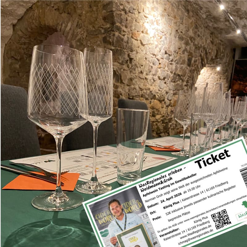 Ticket über Blick in Gewölbekeller  über Tisch mit Rippstiel Wein- und Sektgläsern 