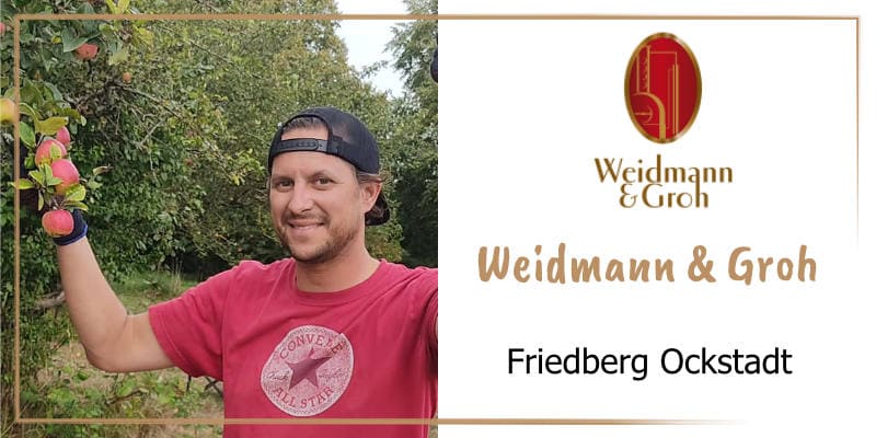 Auf der goldbraun gerahmten WasRegionales-Markenkachel Norman Groh steht in einer Apfelplantage und zeigt an einem Apfelbaum erntereife Aepfel; das Logo von Weidmann und Groh; darunter der Schriftzug Weidmann und Groh, Friedberg Ockstadt