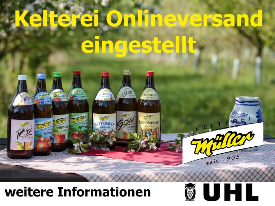 Sortiment der Kelterei Müller mit den Logos von der Kelterei Müller und Kelterei Uhl