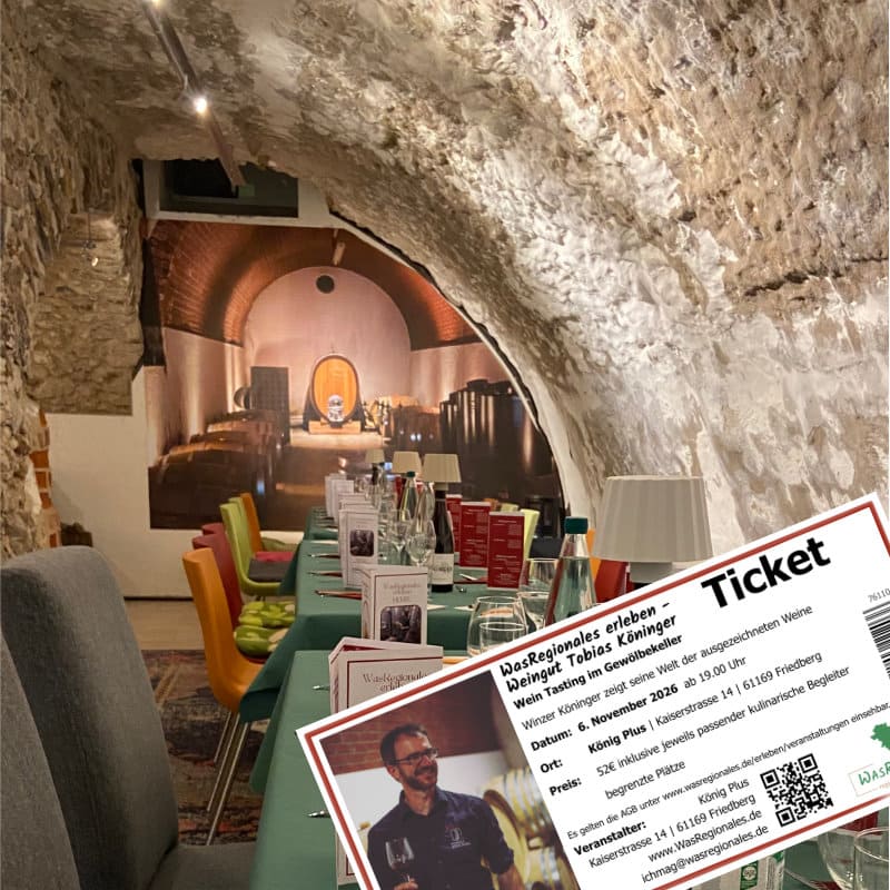 Ticket mit Blick in en Gewölbekeller mit gedecktem Tisch für Tasting