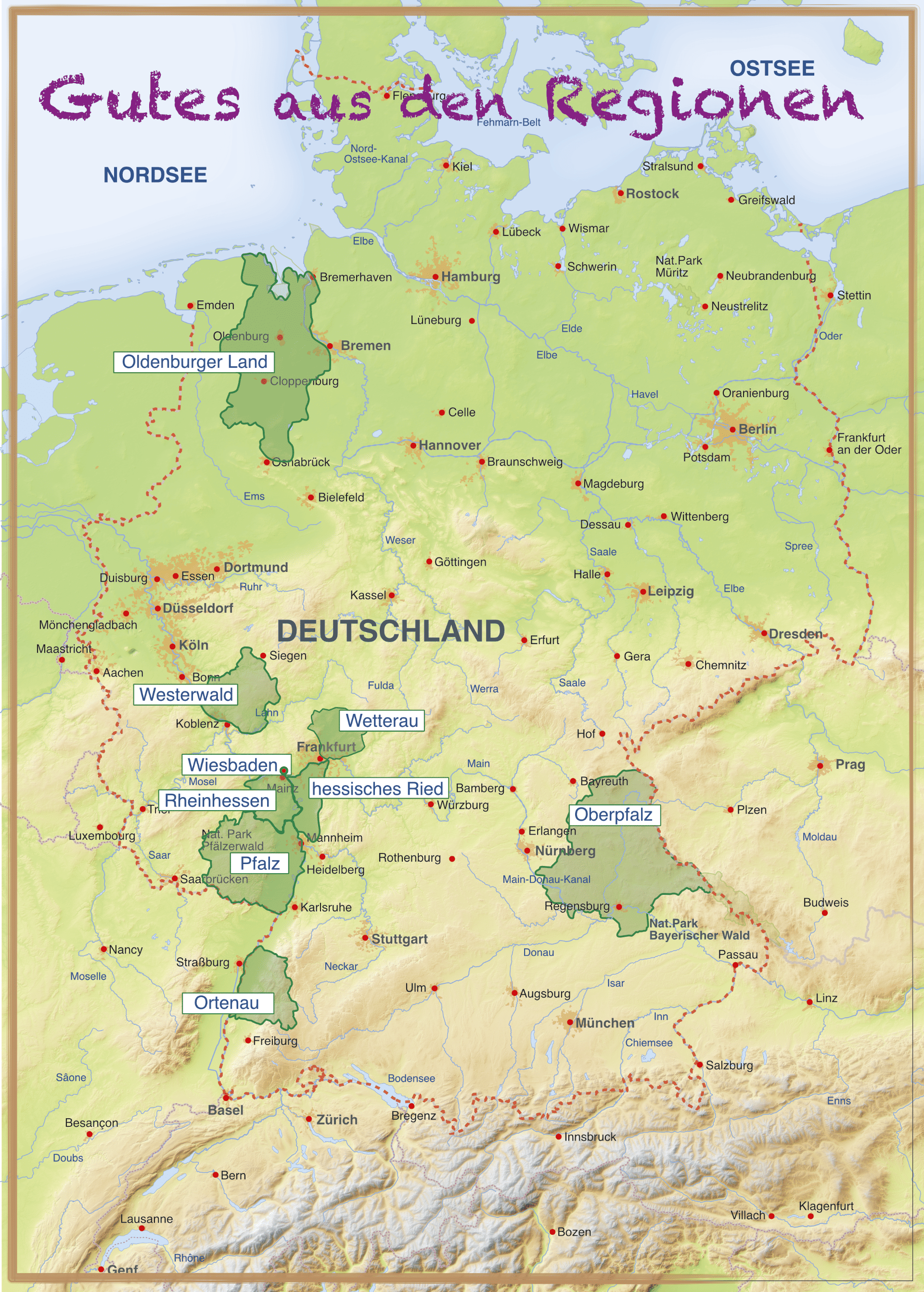 topografische Deutschlandkarte mit 9 Regionen durch Namensschild und transparentgrüner Fläche bezeichnet. Im Nordwesten Oldenburger Land, im mittleren Westen Westerwald, Wiesbaden, Rheinhessen, hessisches Ried, Wetterau, Pfalz, im westlichen Sueden Ortena
