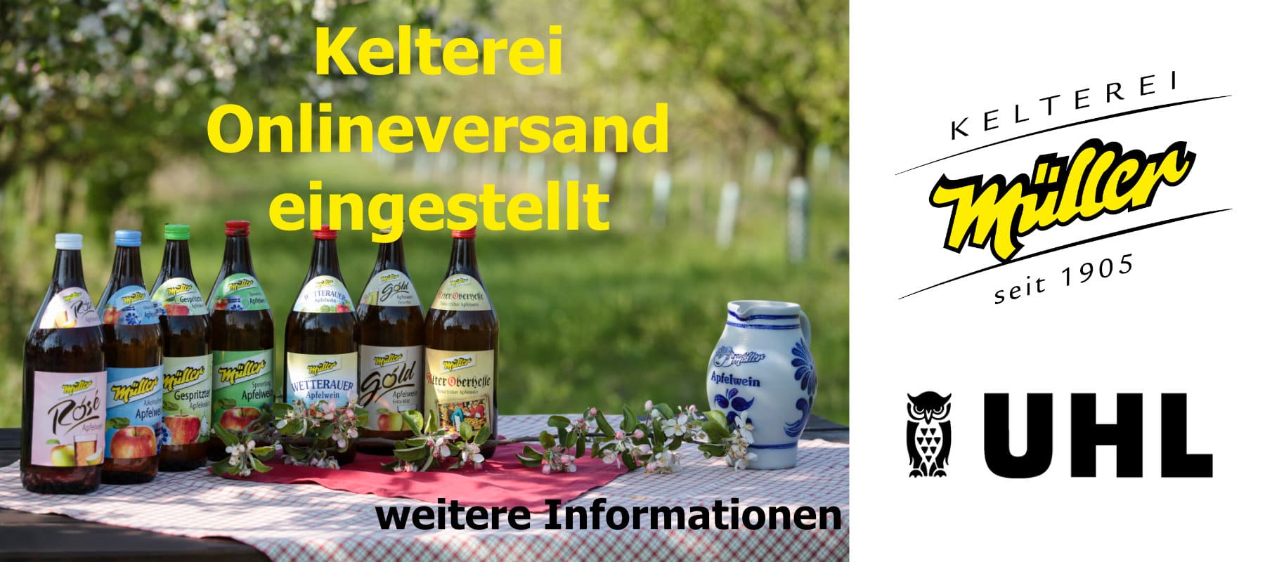 Sortiment der Kelterei Müller mit den Logos von der Kelterei Müller und Kelterei Uhl