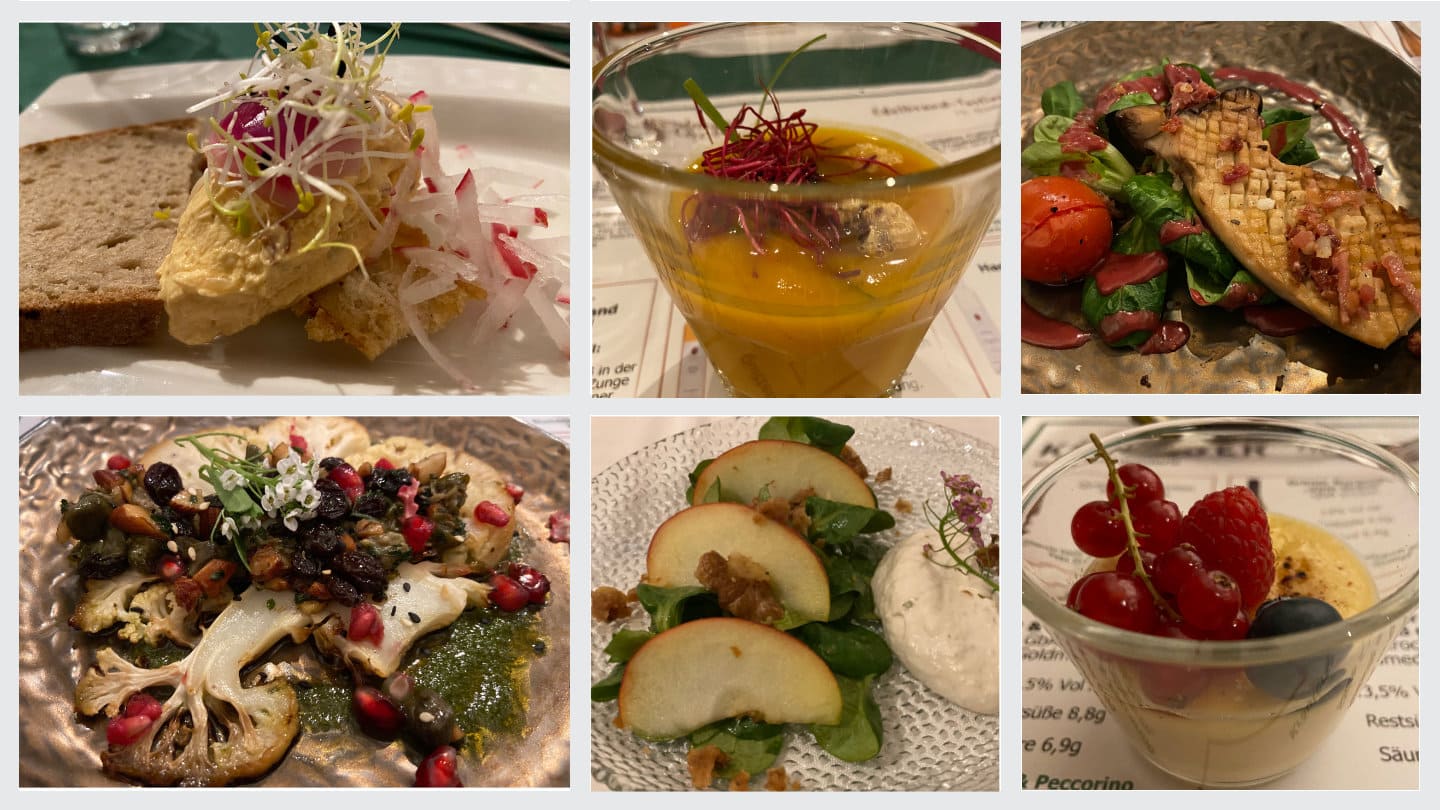 6 Beispiele für das WasRegionales erleben Catering bei Tastings: Brot mit Wetterau Dip, Kürbissuppe, Kräuterseitling, Blumenkohlsteak mi Gewürzen, Forellenmousse mit Feldsalat und Apfel, Vanillepudding mit Früchten