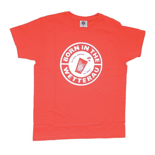 rotes T-shirt mit weissem auffälligem Logoaufdruck von Born in the Wetterau