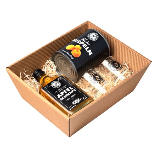 Geschenkkarton mit Apfelschnaps, BITW Schnapsgläsern und Mispelchen