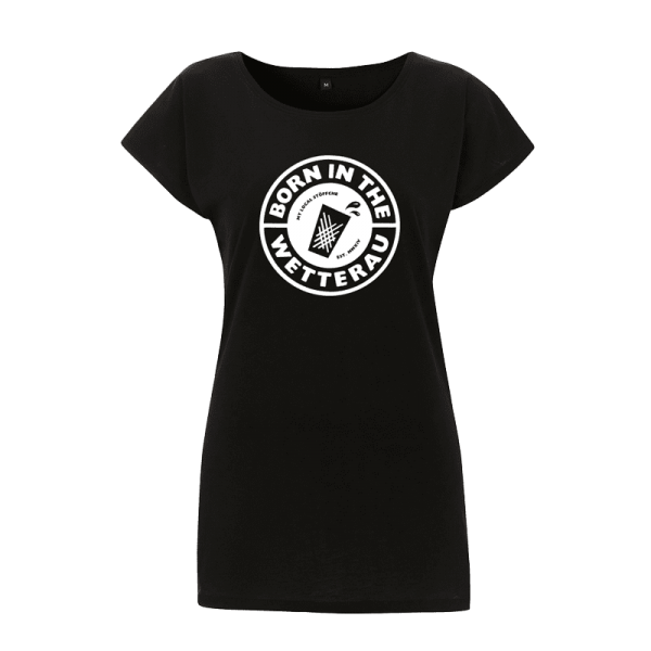 schwarzes Damen T-Shirt mit weißem großem Born in the Wetterau Schriftzug auf der Vorderseite