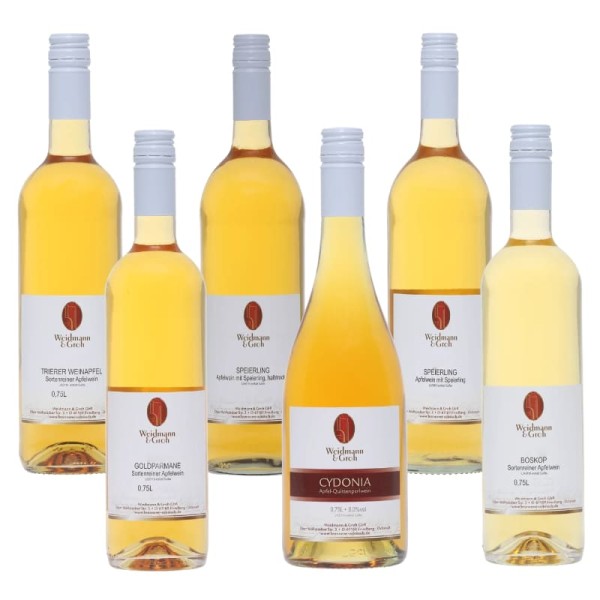 Apfelwein-Probierkiste 2025 mit Godlparmäne, Speierling trocken, Boskop, Speierling halbtrocken, Trier Weinapfel und Cydonia